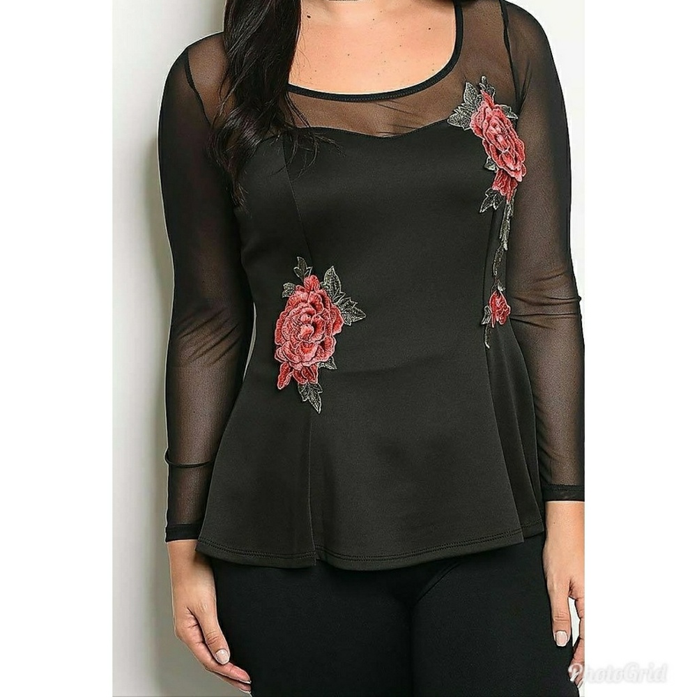 Janette Women’s Plus Size Mesh Yoke Black Top